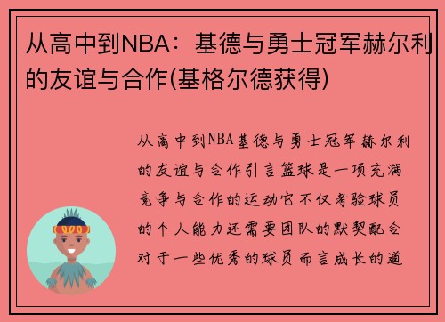 从高中到NBA：基德与勇士冠军赫尔利的友谊与合作(基格尔德获得)