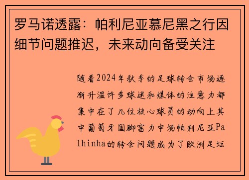 罗马诺透露：帕利尼亚慕尼黑之行因细节问题推迟，未来动向备受关注