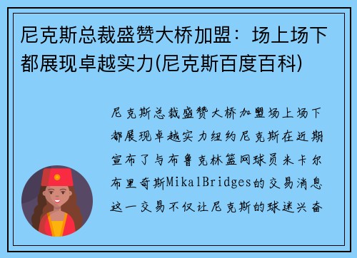 尼克斯总裁盛赞大桥加盟：场上场下都展现卓越实力(尼克斯百度百科)