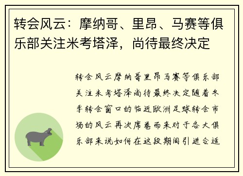 转会风云：摩纳哥、里昂、马赛等俱乐部关注米考塔泽，尚待最终决定