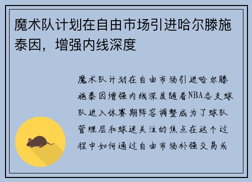 魔术队计划在自由市场引进哈尔滕施泰因，增强内线深度