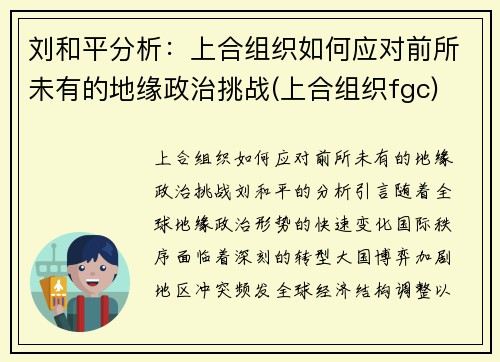 刘和平分析：上合组织如何应对前所未有的地缘政治挑战(上合组织fgc)