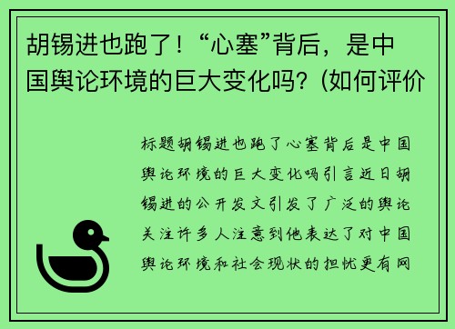 胡锡进也跑了！“心塞”背后，是中国舆论环境的巨大变化吗？(如何评价胡锡进呼吁 知乎)